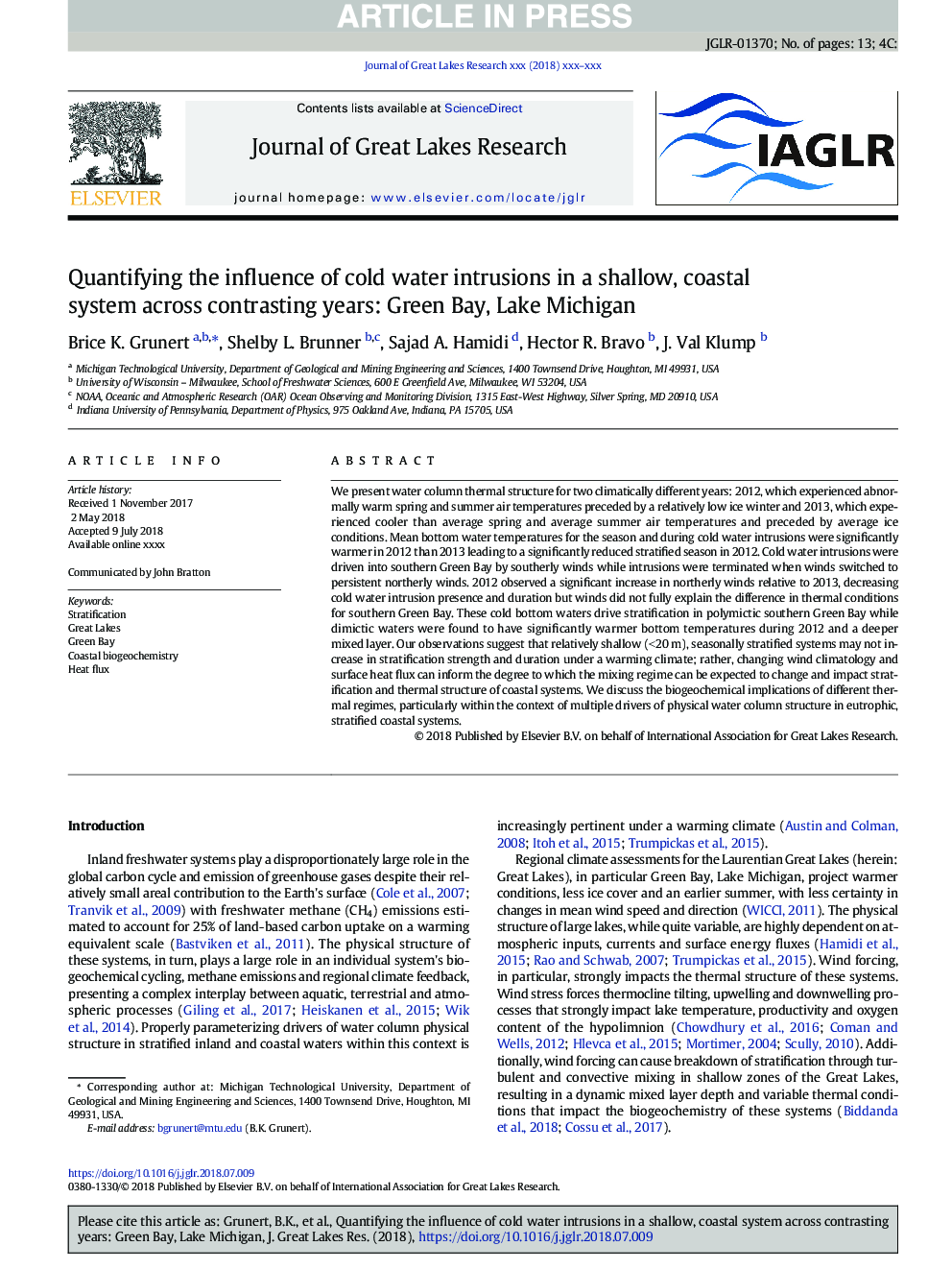 Quantifying the influence of cold water intrusions in a shallow, coastal system across contrasting years: Green Bay, Lake Michigan