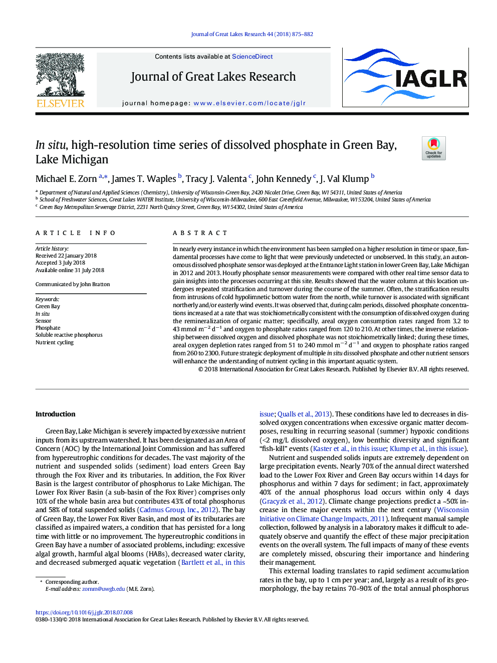 In situ, high-resolution time series of dissolved phosphate in Green Bay, Lake Michigan