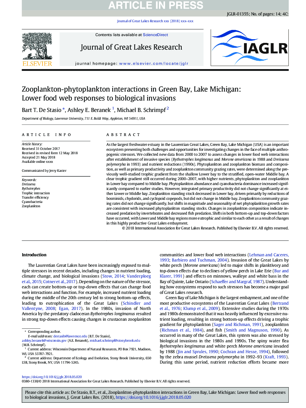 Zooplankton-phytoplankton interactions in Green Bay, Lake Michigan: Lower food web responses to biological invasions