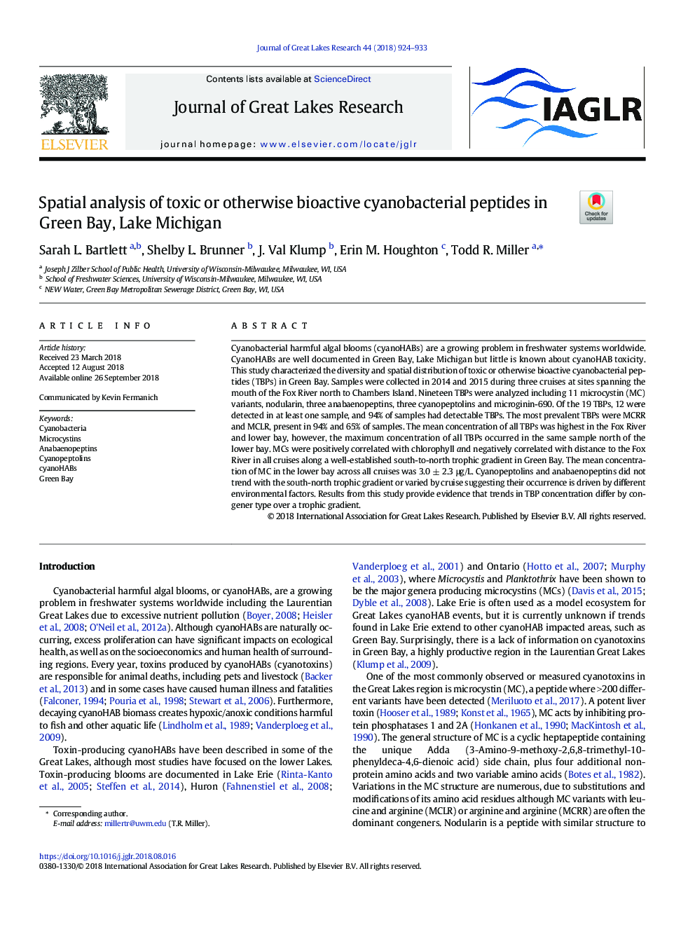 Spatial analysis of toxic or otherwise bioactive cyanobacterial peptides in Green Bay, Lake Michigan