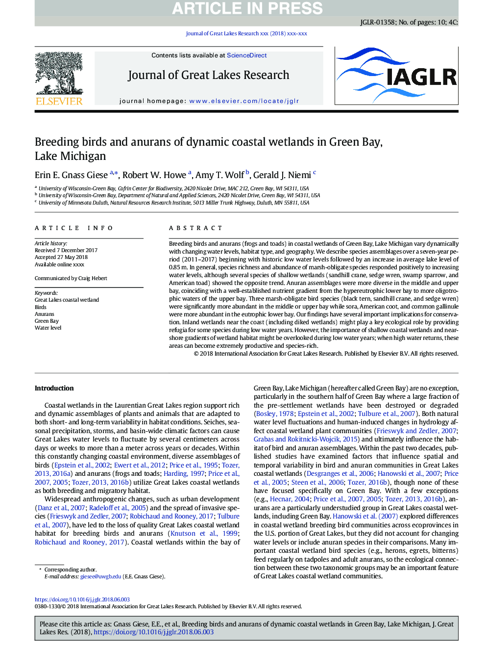 Breeding birds and anurans of dynamic coastal wetlands in Green Bay, Lake Michigan