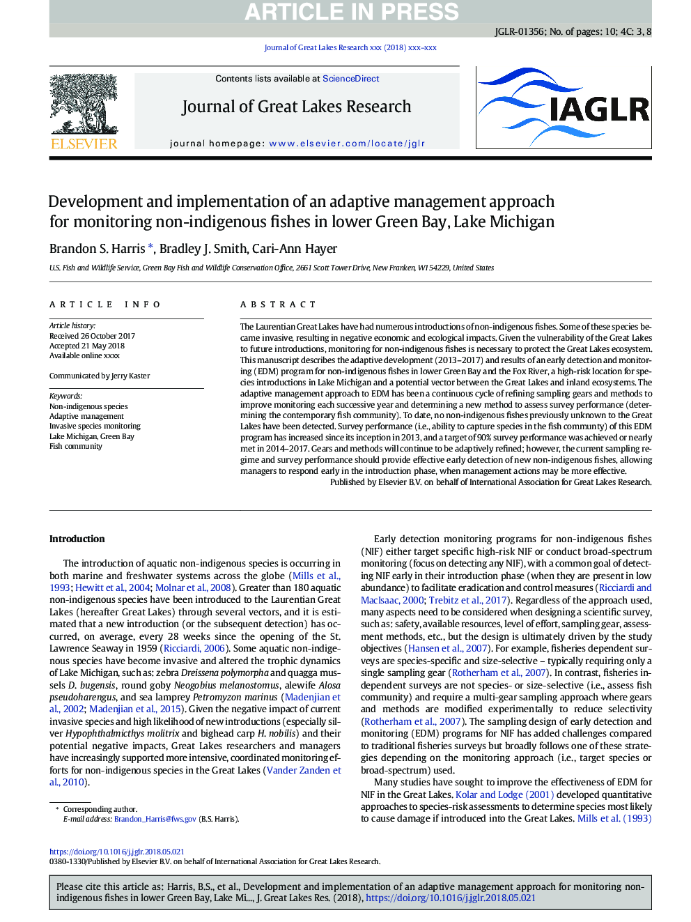 Development and implementation of an adaptive management approach for monitoring non-indigenous fishes in lower Green Bay, Lake Michigan