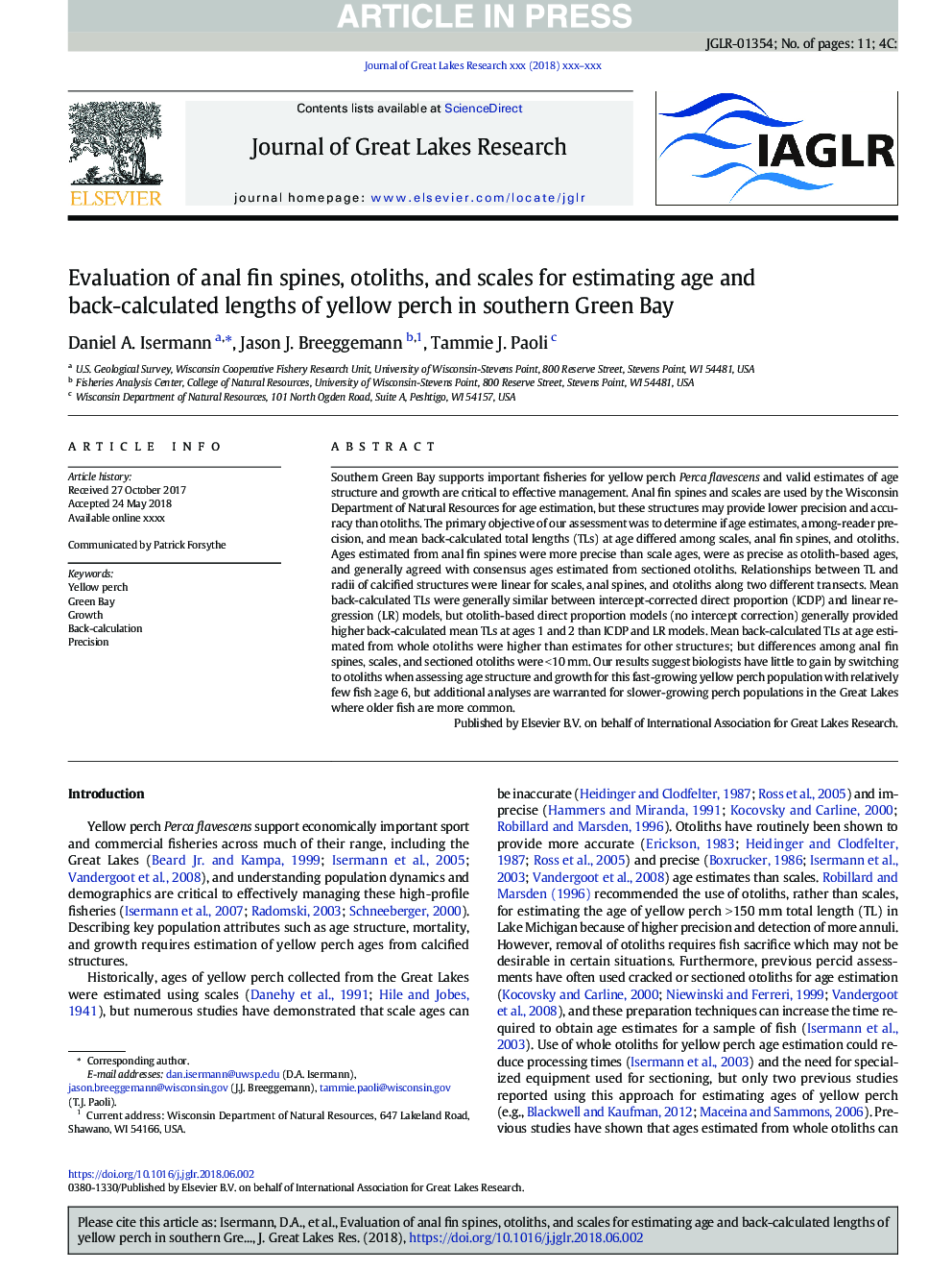 Evaluation of anal fin spines, otoliths, and scales for estimating age and back-calculated lengths of yellow perch in southern Green Bay