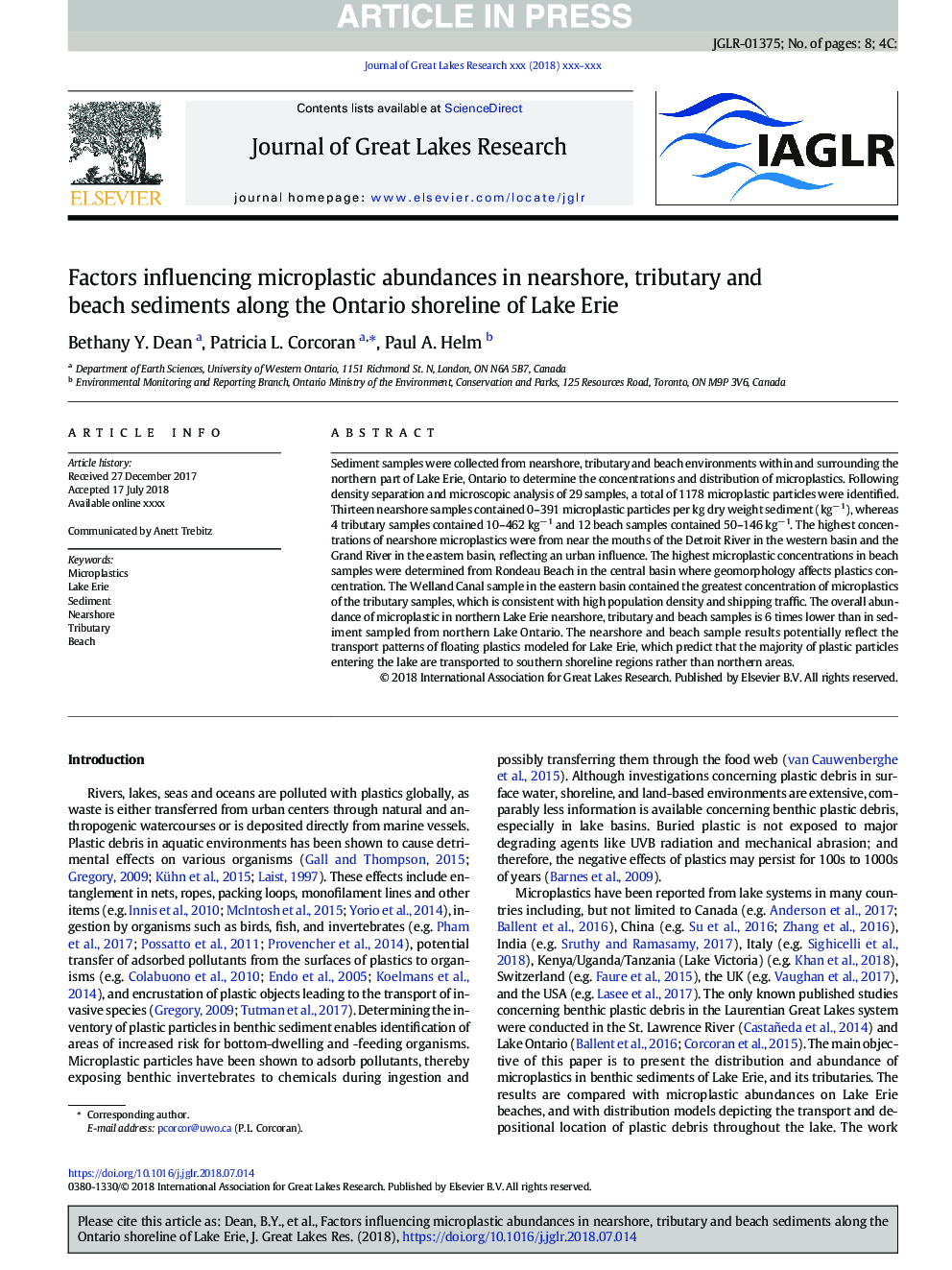 عوامل موثر بر فراوانی میکرو پلاسمایی در رسوبات نواحی ساحلی، ساحلی و ساحل در امتداد خط ساحلی انتاریو دریاچه اری