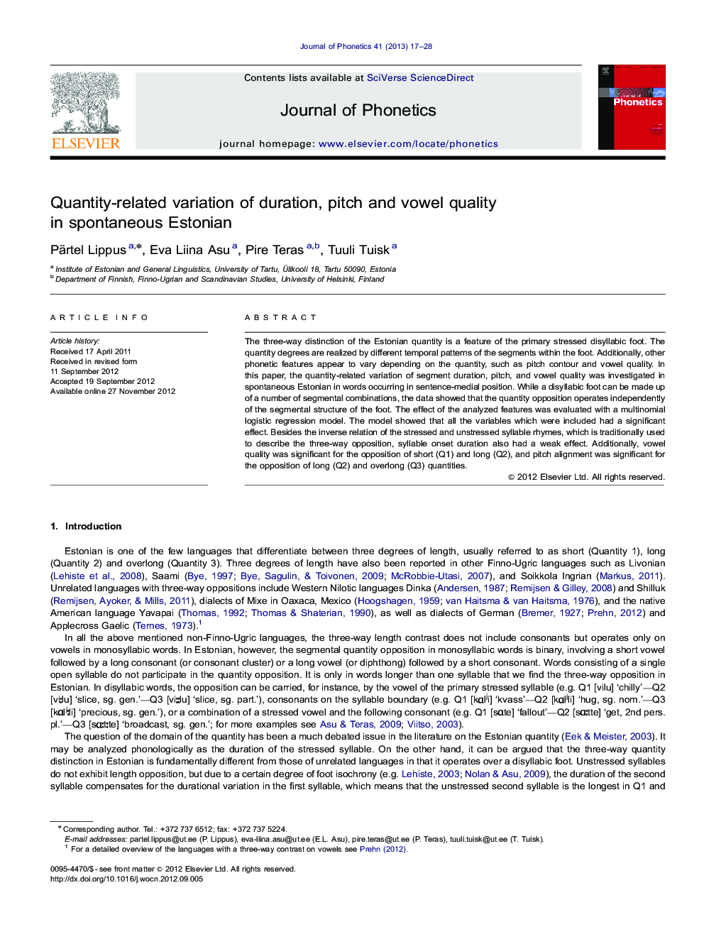 عکس صفحه اول مقاله: Quantity-related variation of duration, pitch and vowel quality in spontaneous Estonian Quantity-related variation of duration, pitch and vowel quality in spontaneous Estonian