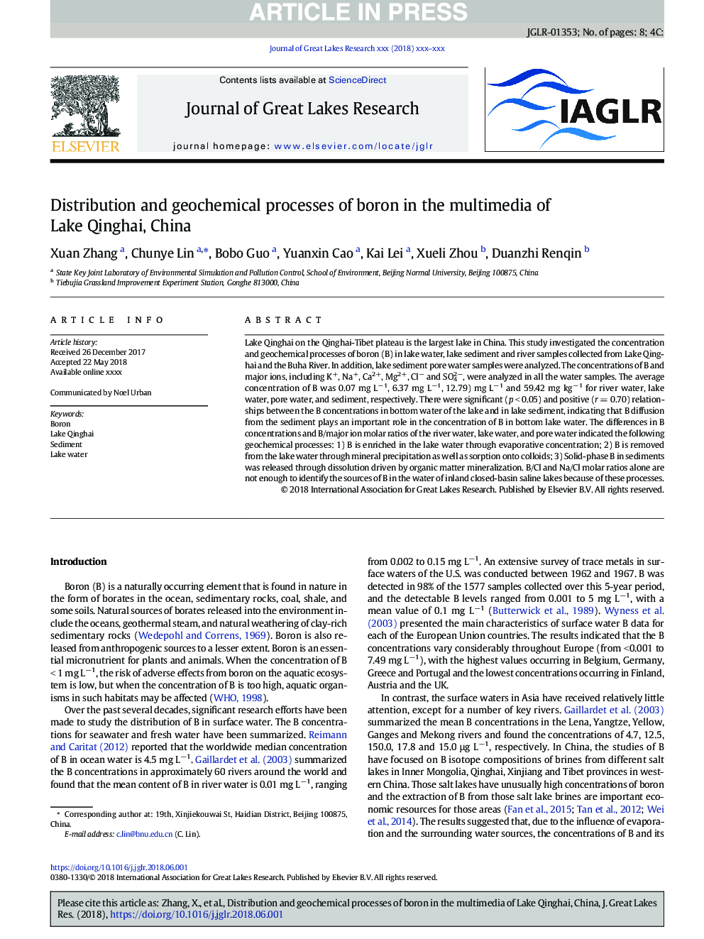 Distribution and geochemical processes of boron in the multimedia of Lake Qinghai, China