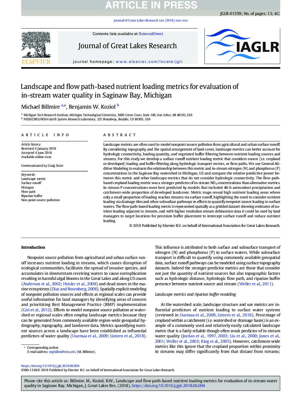 Landscape and flow path-based nutrient loading metrics for evaluation of in-stream water quality in Saginaw Bay, Michigan
