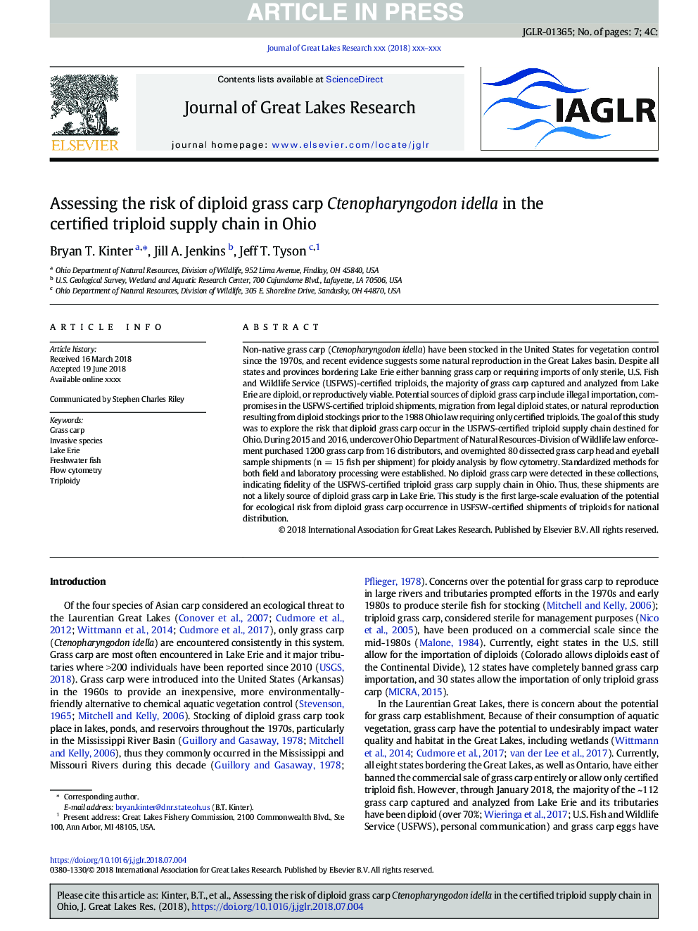 Assessing the risk of diploid grass carp Ctenopharyngodon idella in the certified triploid supply chain in Ohio