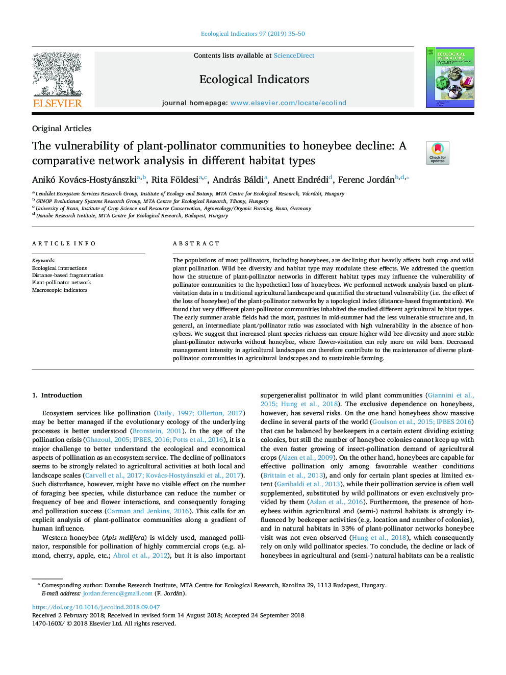 The vulnerability of plant-pollinator communities to honeybee decline: A comparative network analysis in different habitat types