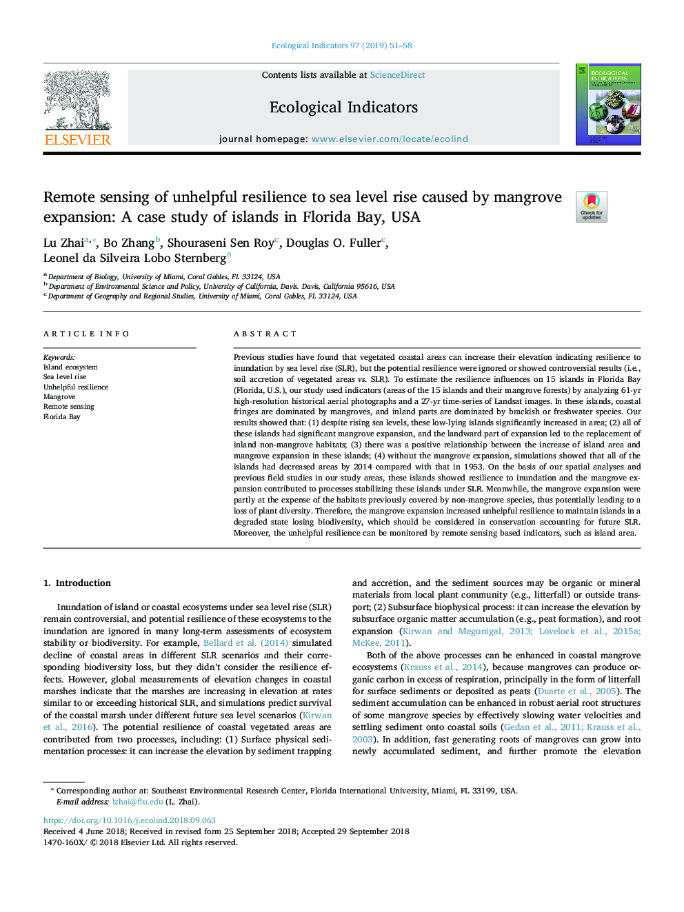 Remote sensing of unhelpful resilience to sea level rise caused by mangrove expansion: A case study of islands in Florida Bay, USA