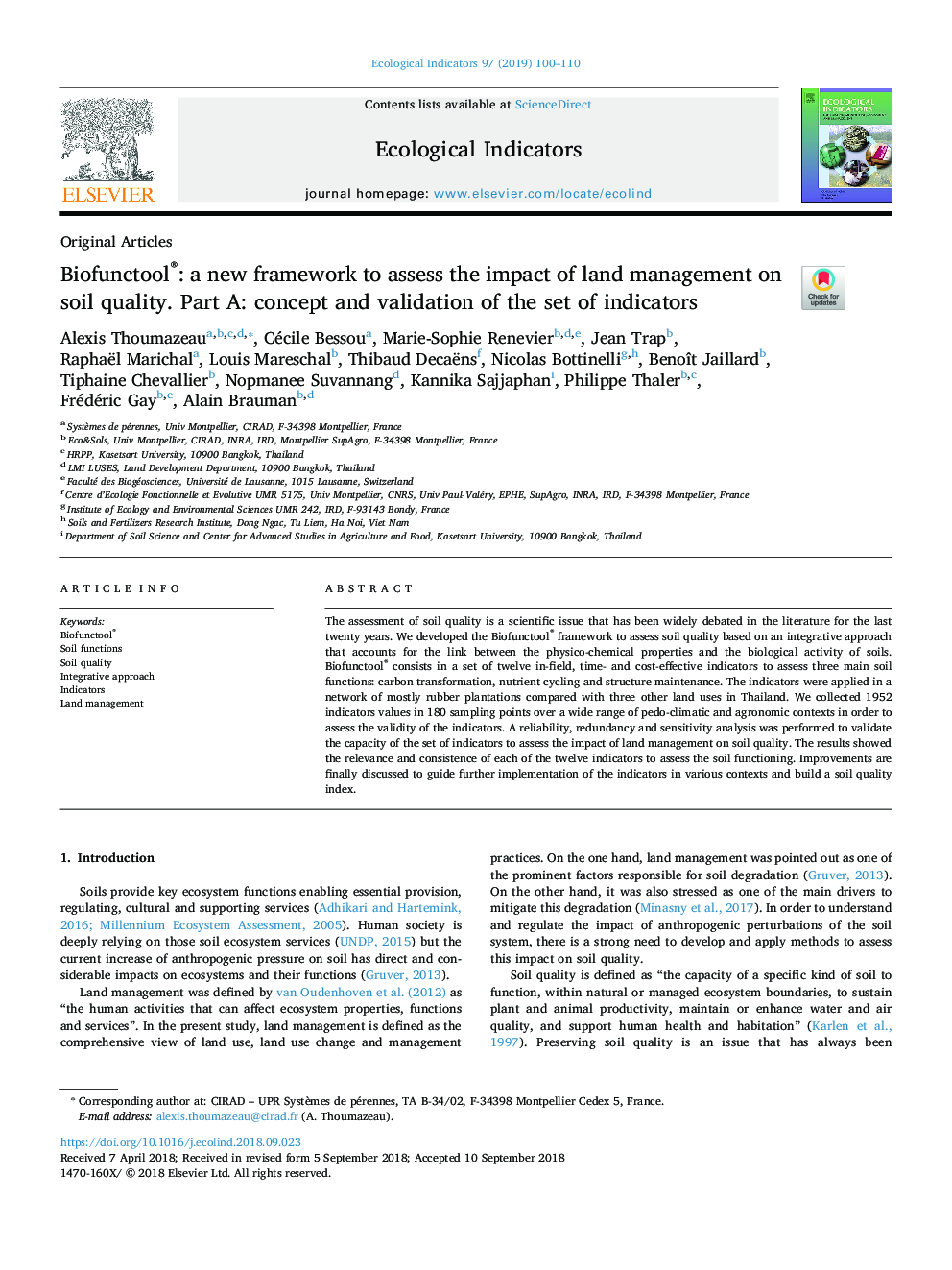 Biofunctool®: a new framework to assess the impact of land management on soil quality. Part A: concept and validation of the set of indicators