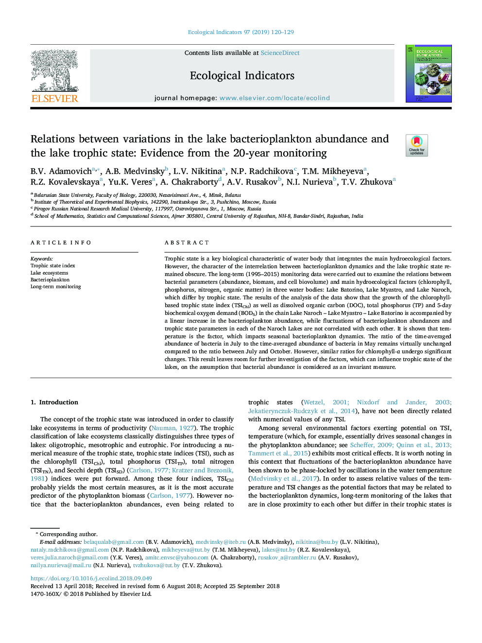 Relations between variations in the lake bacterioplankton abundance and the lake trophic state: Evidence from the 20-year monitoring