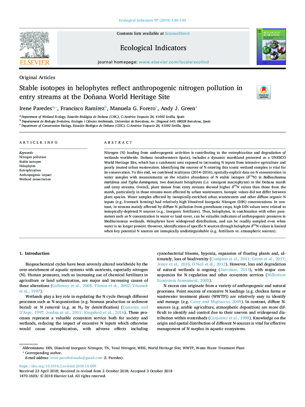 Stable isotopes in helophytes reflect anthropogenic nitrogen pollution in entry streams at the Doñana World Heritage Site