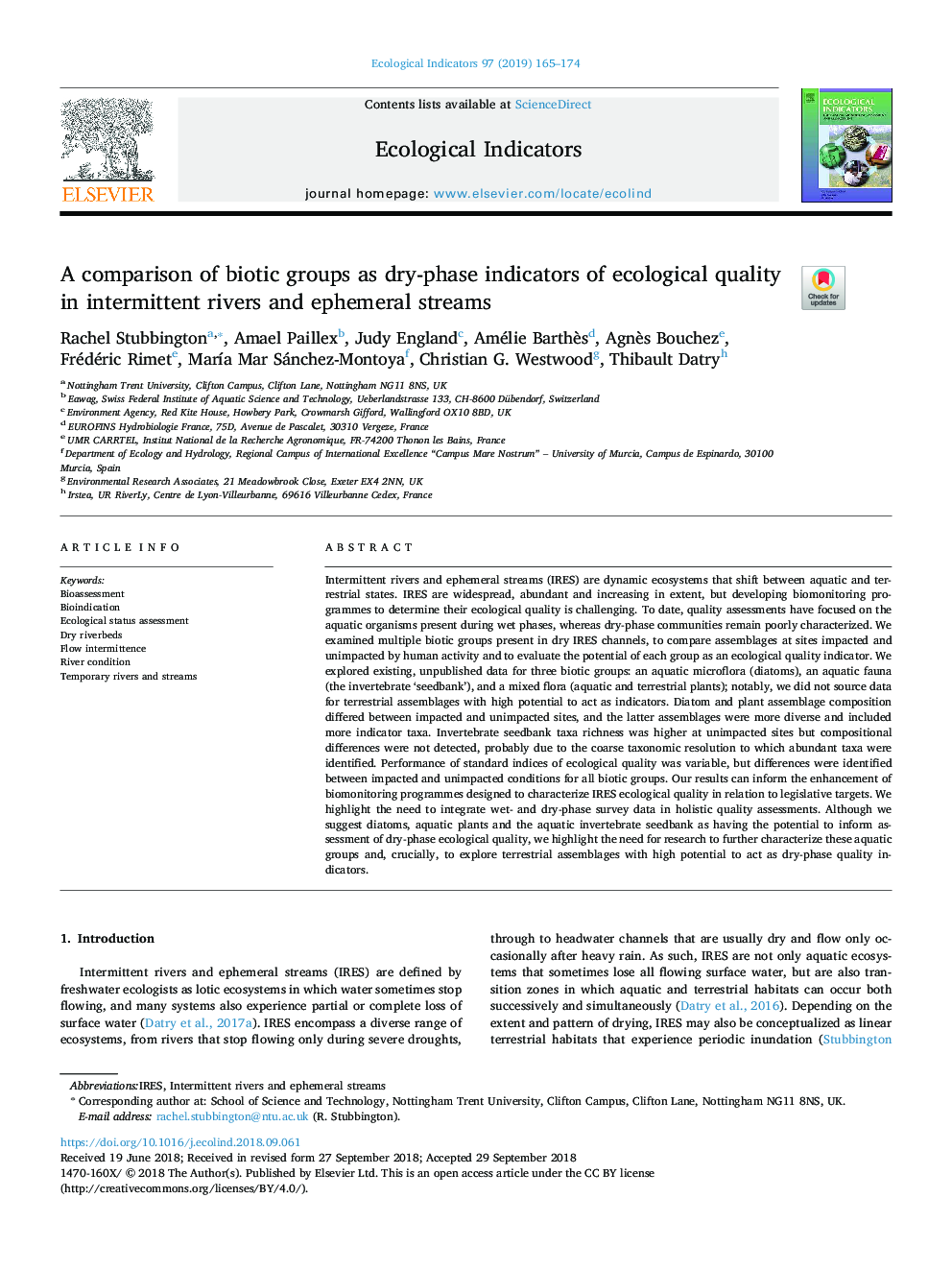 A comparison of biotic groups as dry-phase indicators of ecological quality in intermittent rivers and ephemeral streams