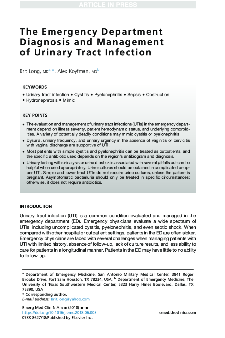 The Emergency Department Diagnosis and Management of Urinary Tract Infection