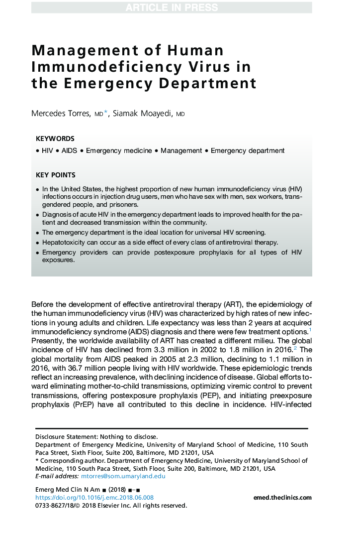 Management of Human Immunodeficiency Virus in the Emergency Department