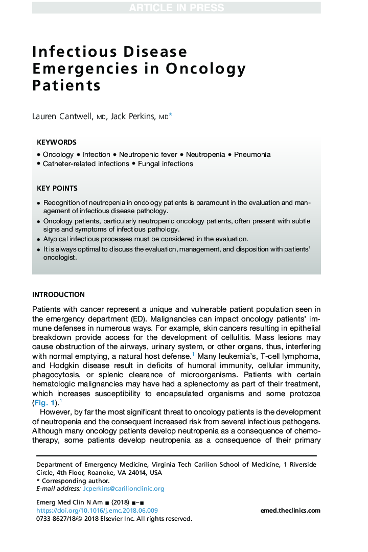 Infectious Disease Emergencies in Oncology Patients