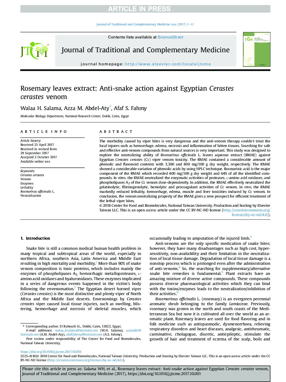 Rosemary leaves extract: Anti-snake action against Egyptian Cerastes cerastes venom