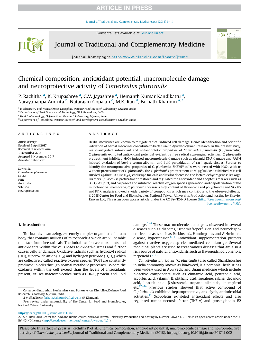 Chemical composition, antioxidant potential, macromolecule damage and neuroprotective activity of Convolvulus pluricaulis