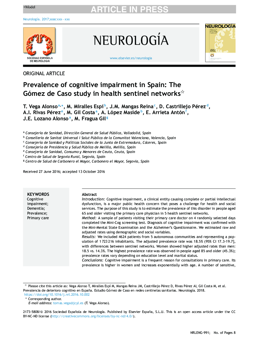 Prevalence of cognitive impairment in Spain: The Gómez de Caso study in health sentinel networks