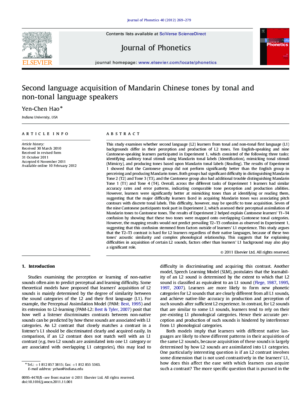 Second language acquisition of Mandarin Chinese tones by tonal and non-tonal language speakers