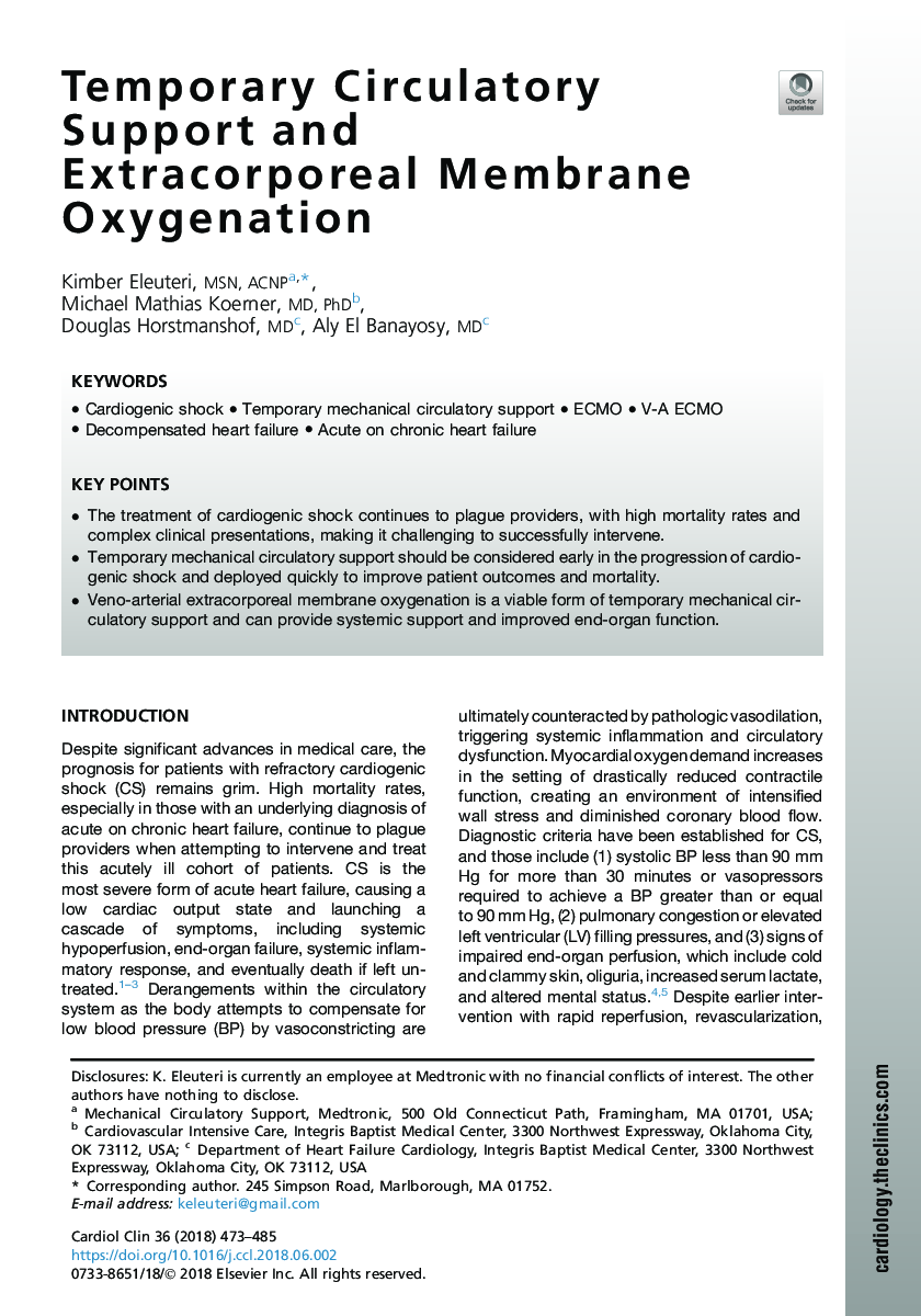 Temporary Circulatory Support and Extracorporeal Membrane Oxygenation