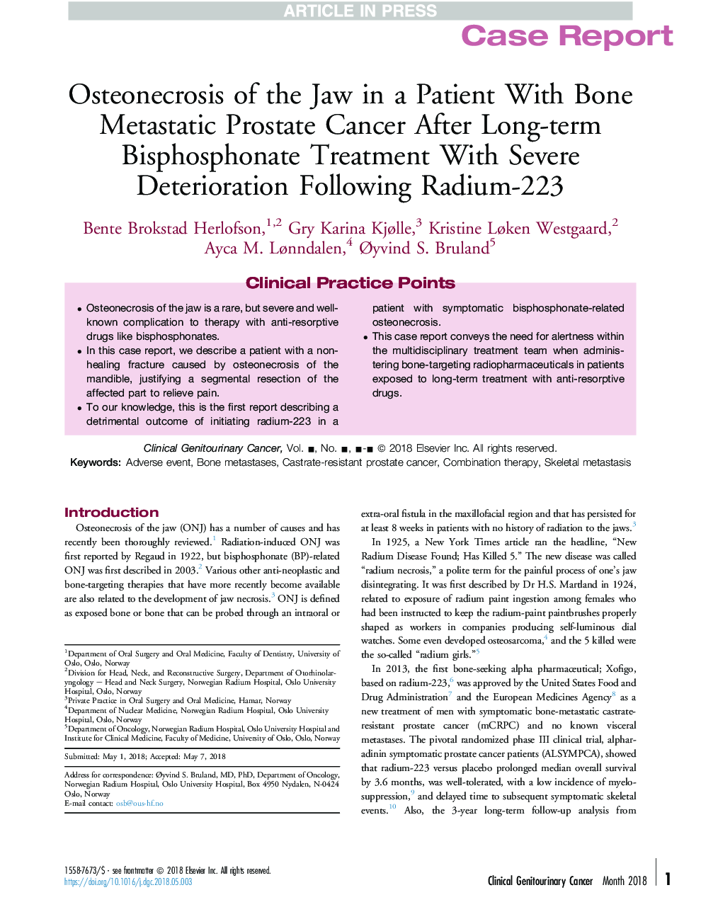 Osteonecrosis of the Jaw in a Patient With Bone Metastatic Prostate Cancer After Long-term Bisphosphonate Treatment With Severe Deterioration Following Radium-223