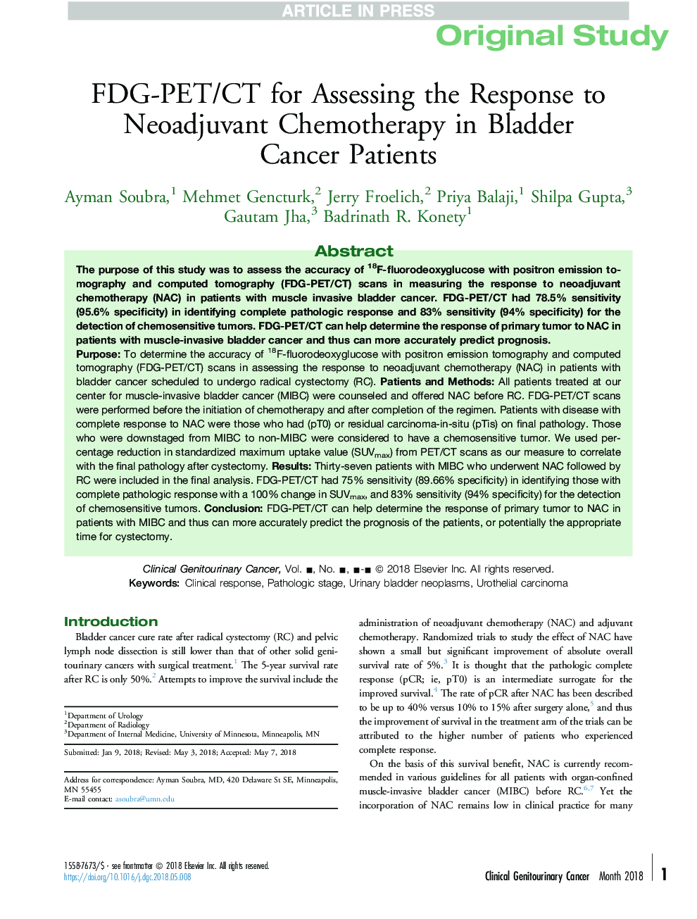 FDG-PET/CT for Assessing the Response to Neoadjuvant Chemotherapy in Bladder Cancer Patients