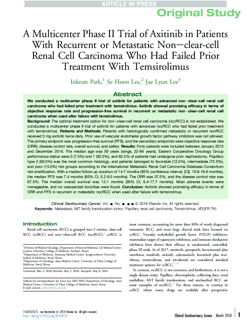 A Multicenter Phase II Trial of Axitinib in Patients With Recurrent or Metastatic Non-clear-cell Renal Cell Carcinoma Who Had Failed Prior Treatment With Temsirolimus