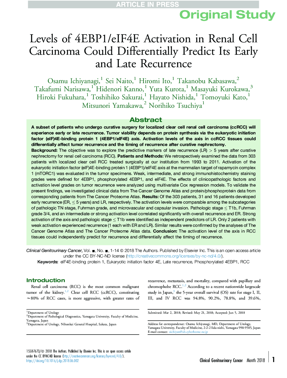 Levels of 4EBP1/eIF4E Activation in Renal Cell Carcinoma Could Differentially Predict Its Early and Late Recurrence