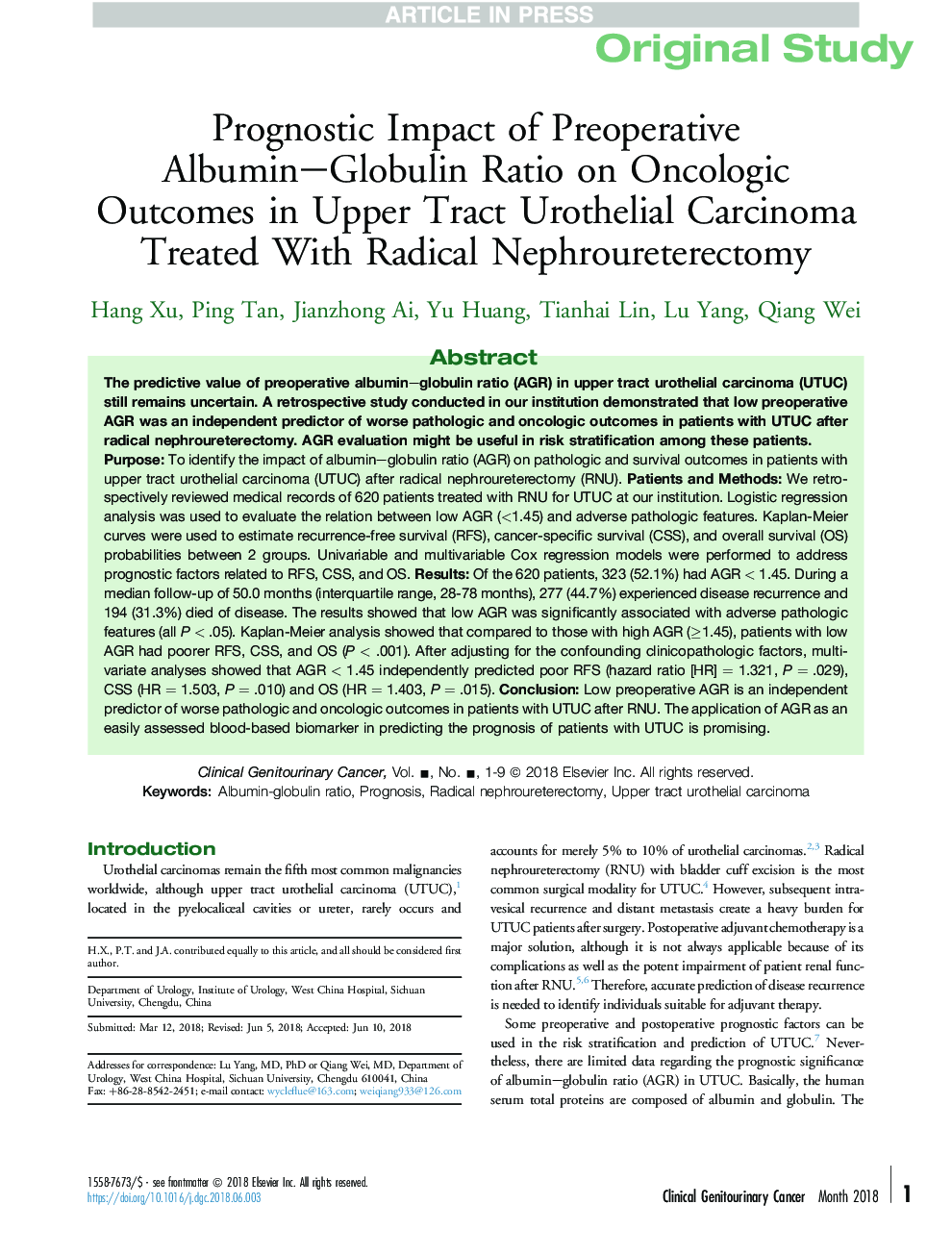 Prognostic Impact of Preoperative Albumin-Globulin Ratio on Oncologic Outcomes in Upper Tract Urothelial Carcinoma Treated With Radical Nephroureterectomy