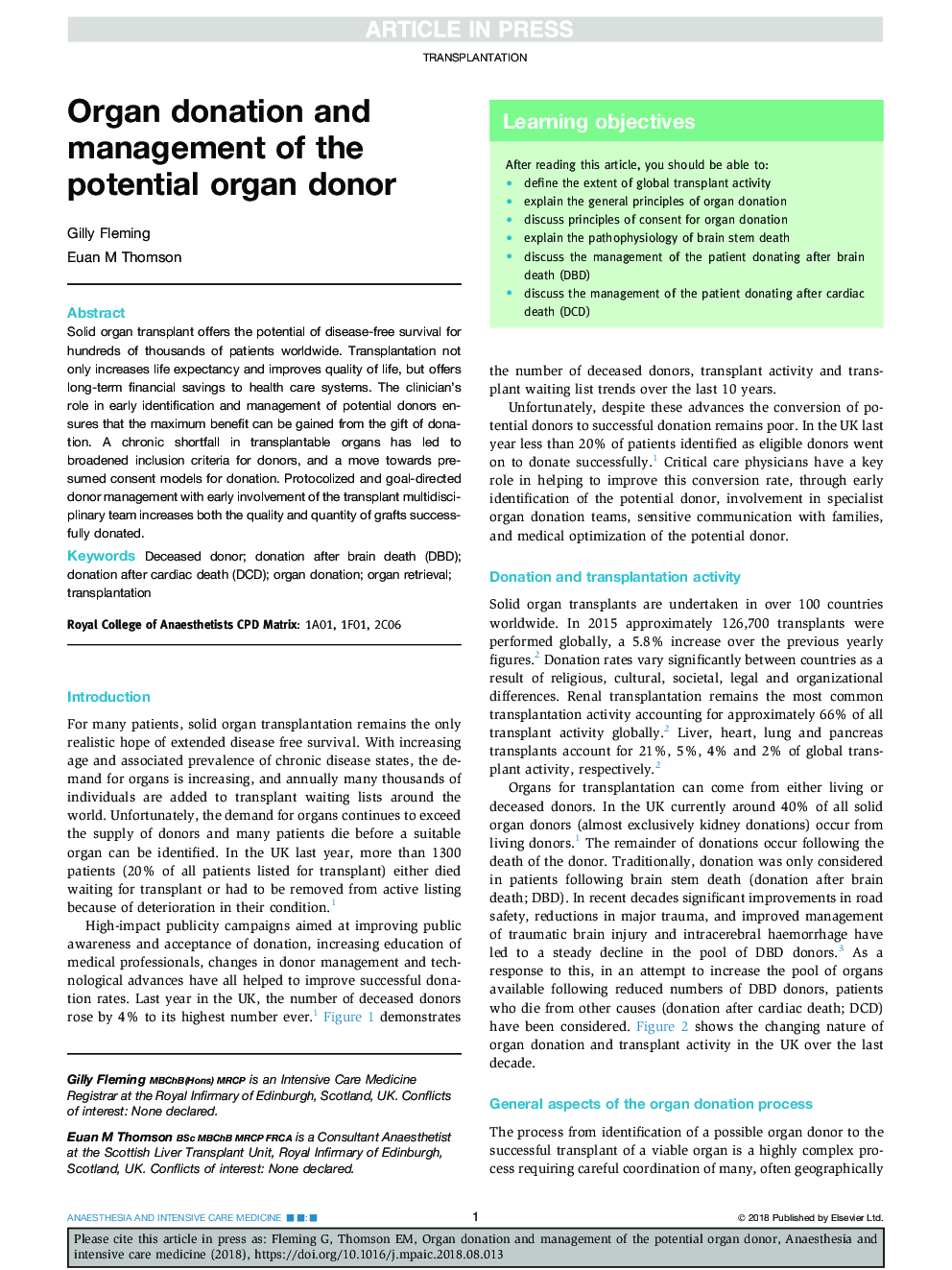 Organ donation and management of the potential organ donor