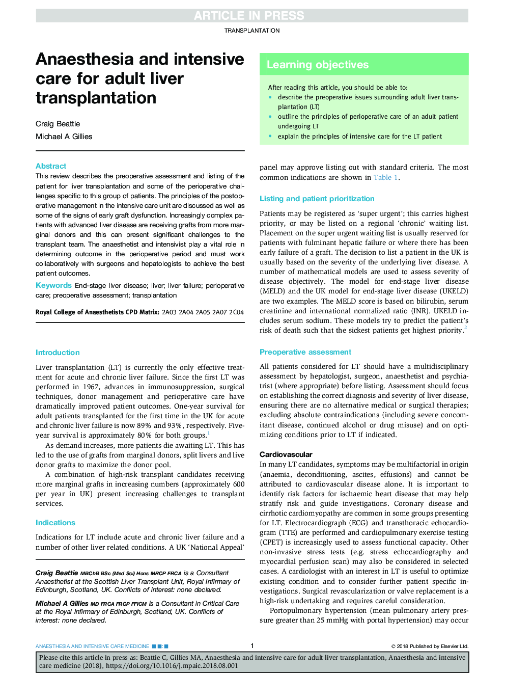 Anaesthesia and intensive care for adult liver transplantation