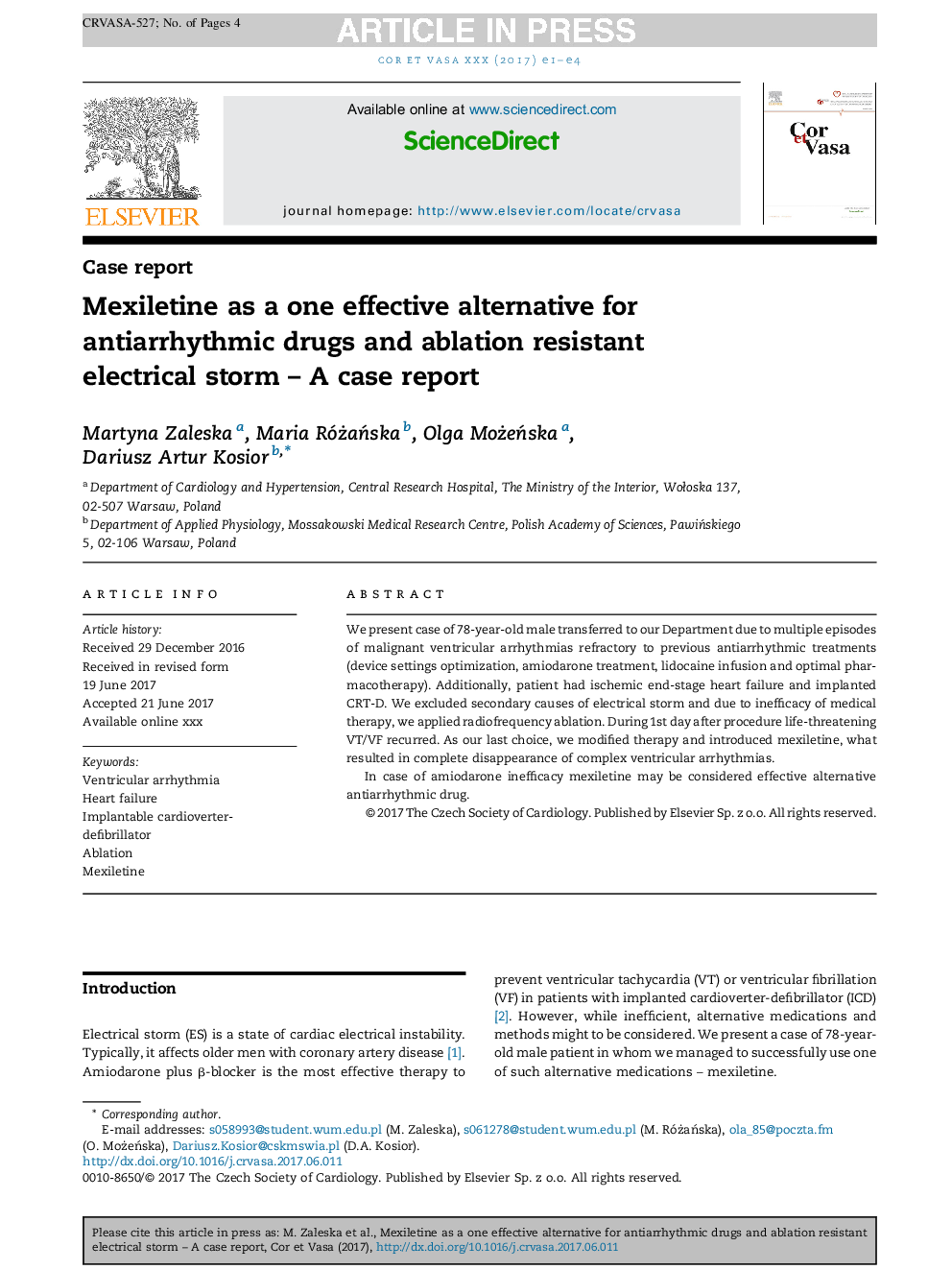 Mexiletine as a one effective alternative for antiarrhythmic drugs and ablation resistant electrical storm - A case report