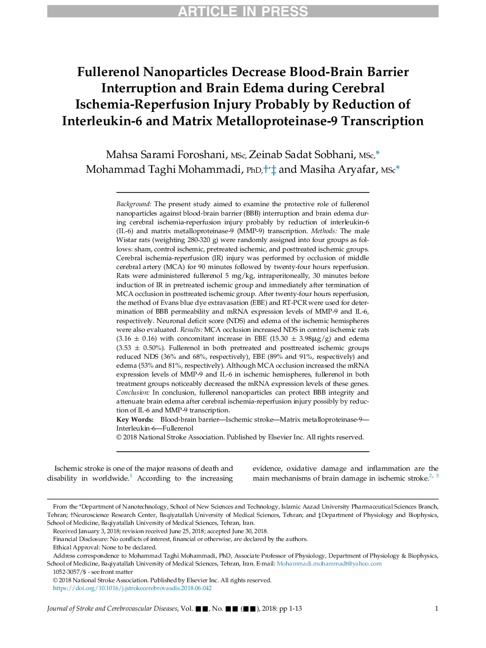 Fullerenol Nanoparticles Decrease Blood-Brain Barrier Interruption and Brain Edema during Cerebral Ischemia-Reperfusion Injury Probably by Reduction of Interleukin-6 and Matrix Metalloproteinase-9 Transcription