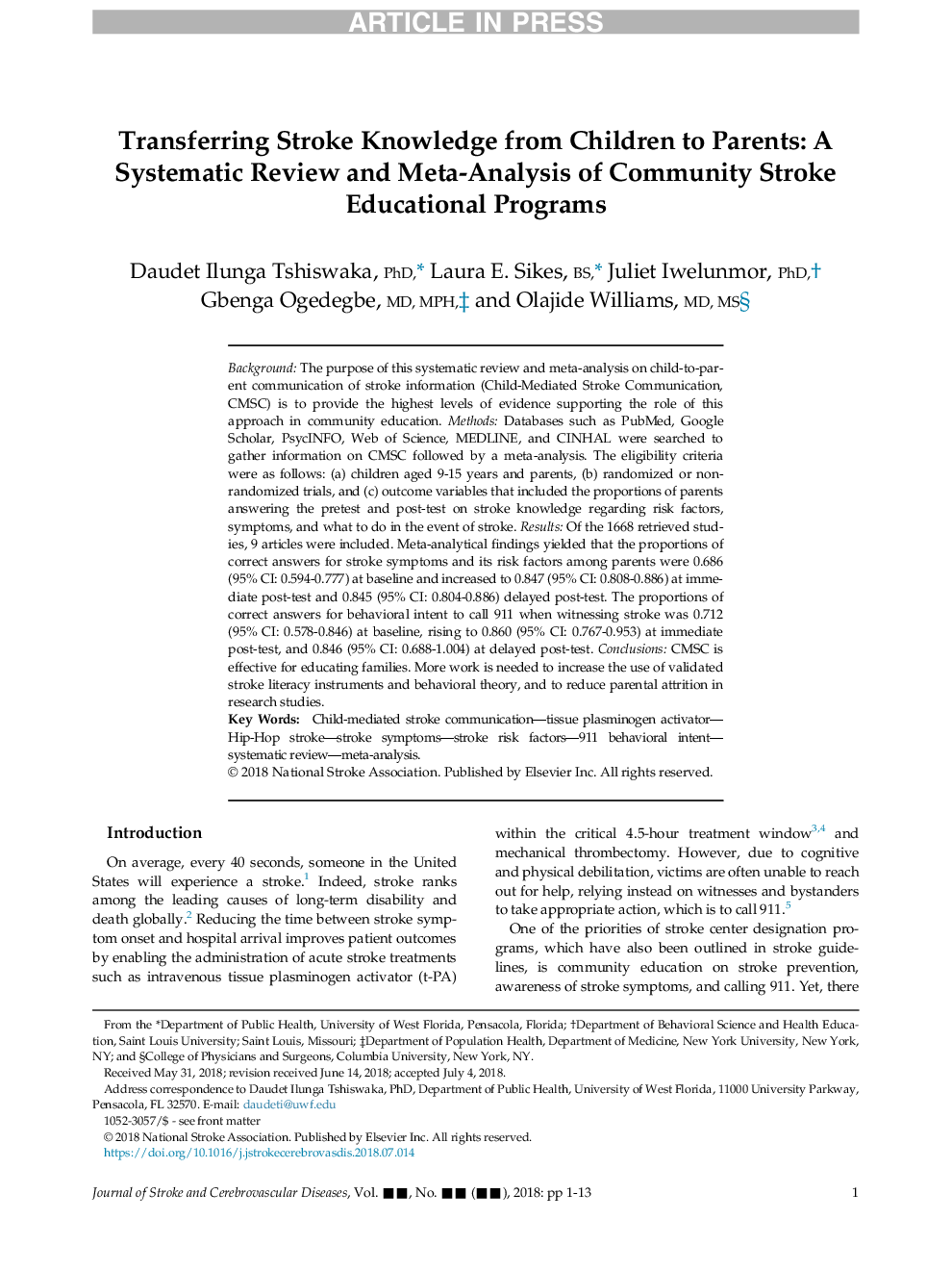 انتقال دانش سکته مغزی از کودکان به والدین: بررسی منظم و متاآنالیز برنامه های آموزشی سکته مغزی