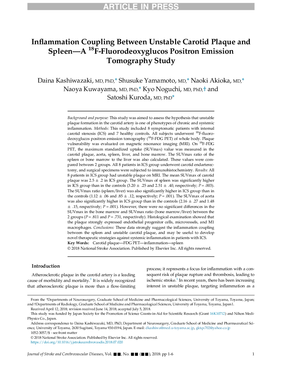 Inflammation Coupling Between Unstable Carotid Plaque and Spleen-A 18F-Fluorodeoxyglucos Positron Emission Tomography Study