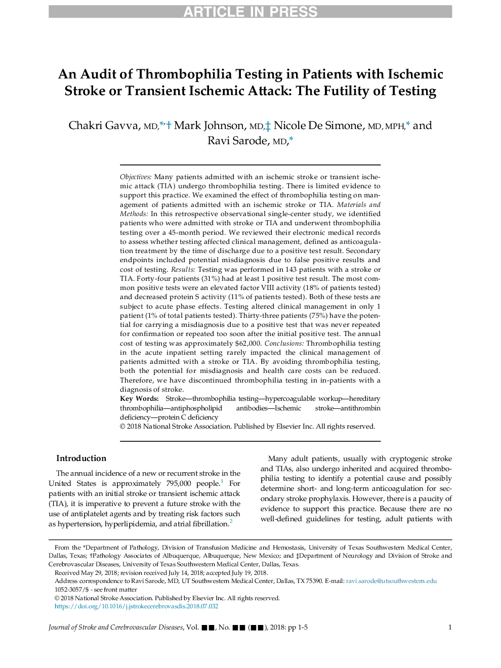 ممیزی تست ترومبوفیلیا در بیماران مبتلا به سکته مغزی ایسکمیک یا حمله ایسکمیک گذرا: بی ضرر بودن تست