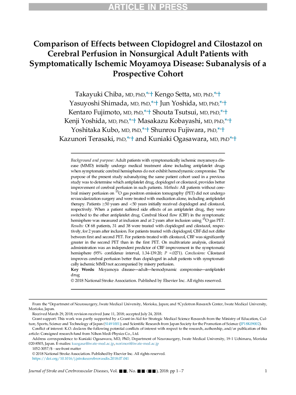 Comparison of Effects between Clopidogrel and Cilostazol on Cerebral Perfusion in Nonsurgical Adult Patients with Symptomatically Ischemic Moyamoya Disease: Subanalysis of a Prospective Cohort