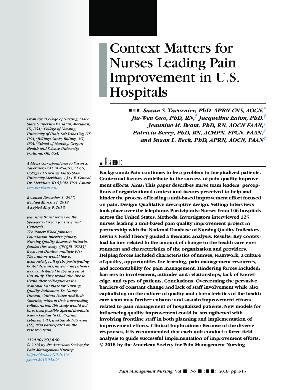 Context Matters forÂ Nurses Leading Pain Improvement in U.S. Hospitals