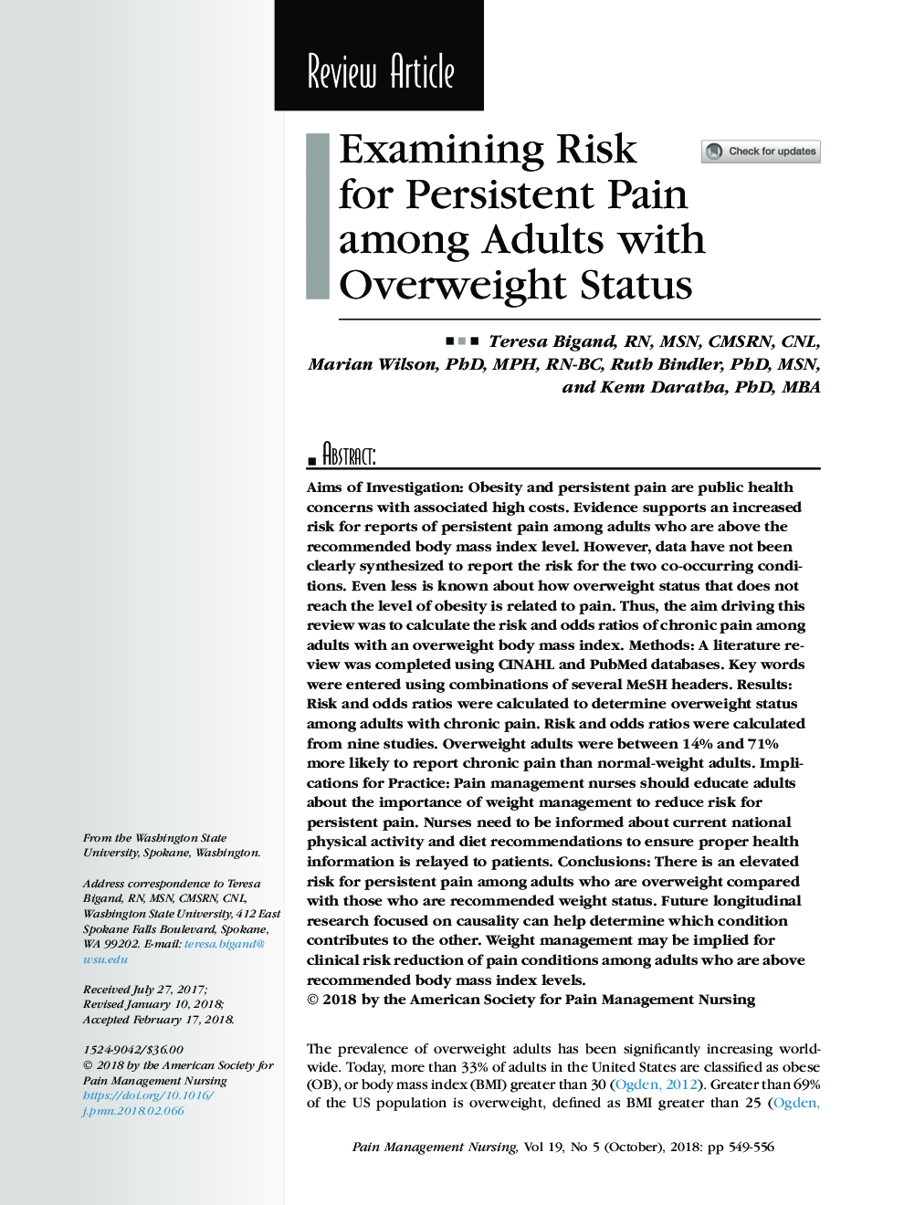 Examining Risk forÂ Persistent Pain amongÂ Adults with Overweight Status