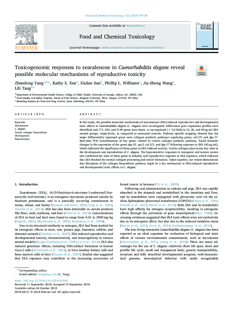 Toxicogenomic responses to zearalenone in Caenorhabditis elegans reveal possible molecular mechanisms of reproductive toxicity