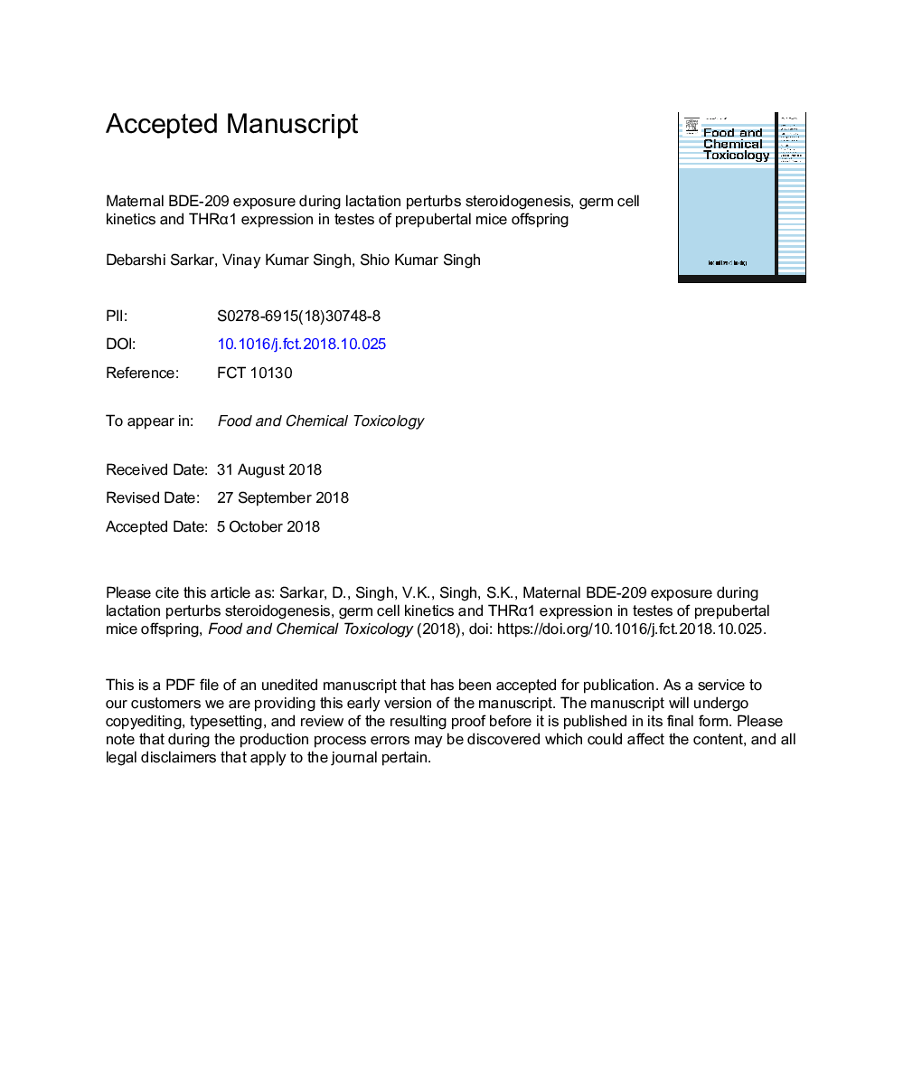 Maternal BDE-209 exposure during lactation perturbs steroidogenesis, germ cell kinetics and THRÎ±1 expression in testes of prepubertal mice offspring