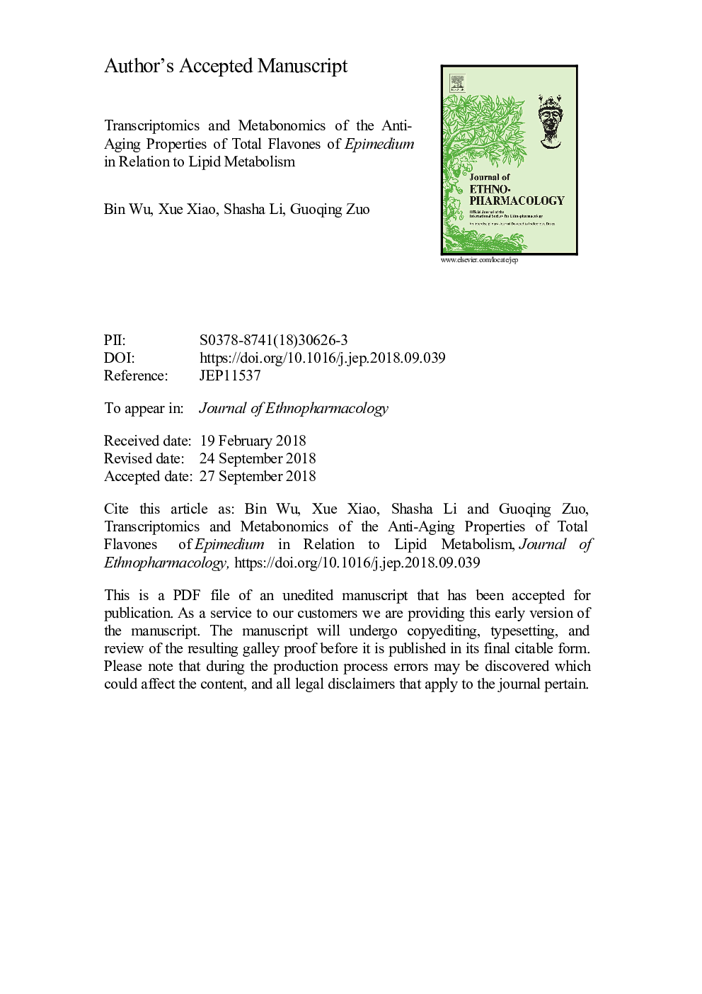 Transcriptomics and metabonomics of the anti-aging properties of total flavones of Epimedium in relation to lipid metabolism