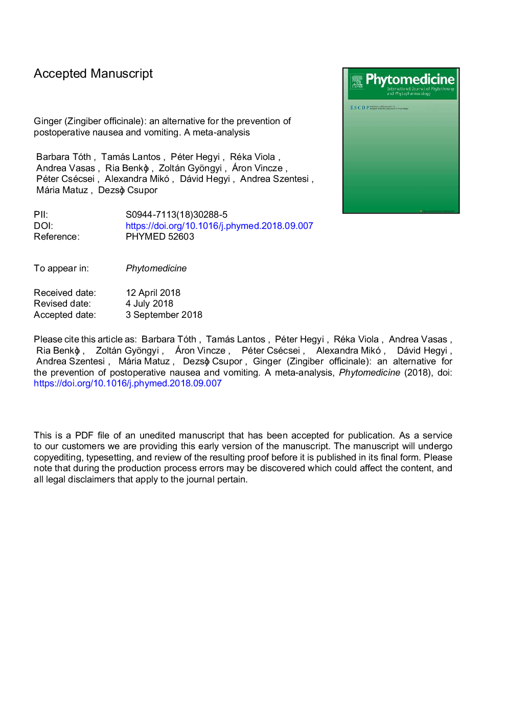 Ginger (Zingiber officinale): An alternative for the prevention of postoperative nausea and vomiting. A meta-analysis