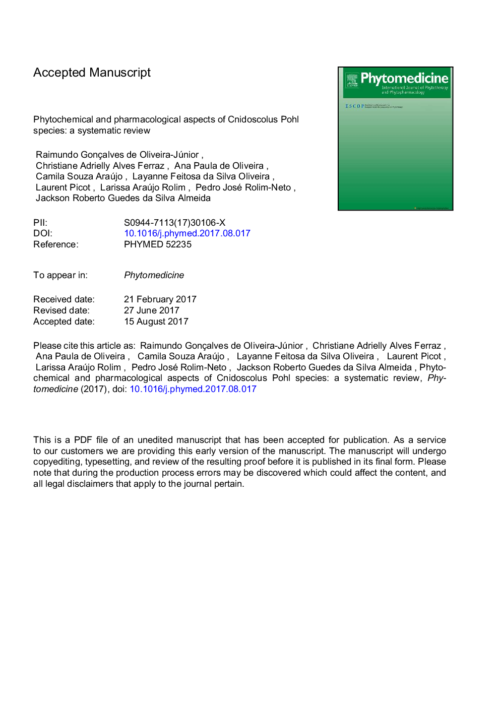 Phytochemical and pharmacological aspects of Cnidoscolus Pohl species: A systematic review