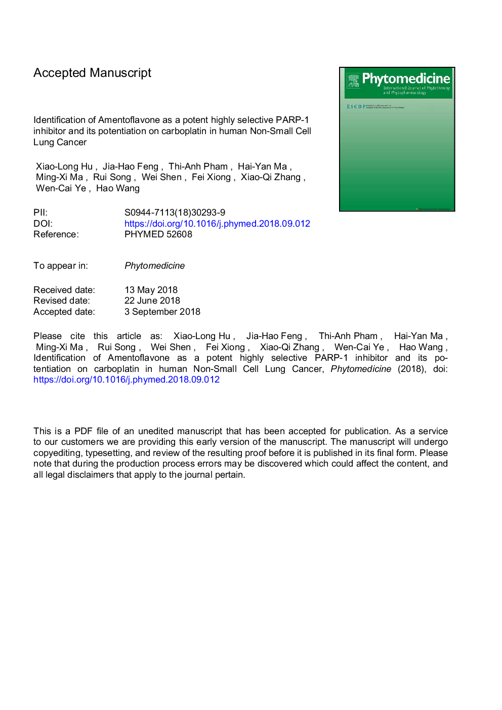 Identification of amentoflavone as a potent highly selective PARP-1 inhibitor and its potentiation on carboplatin in human non-small cell lung cancer