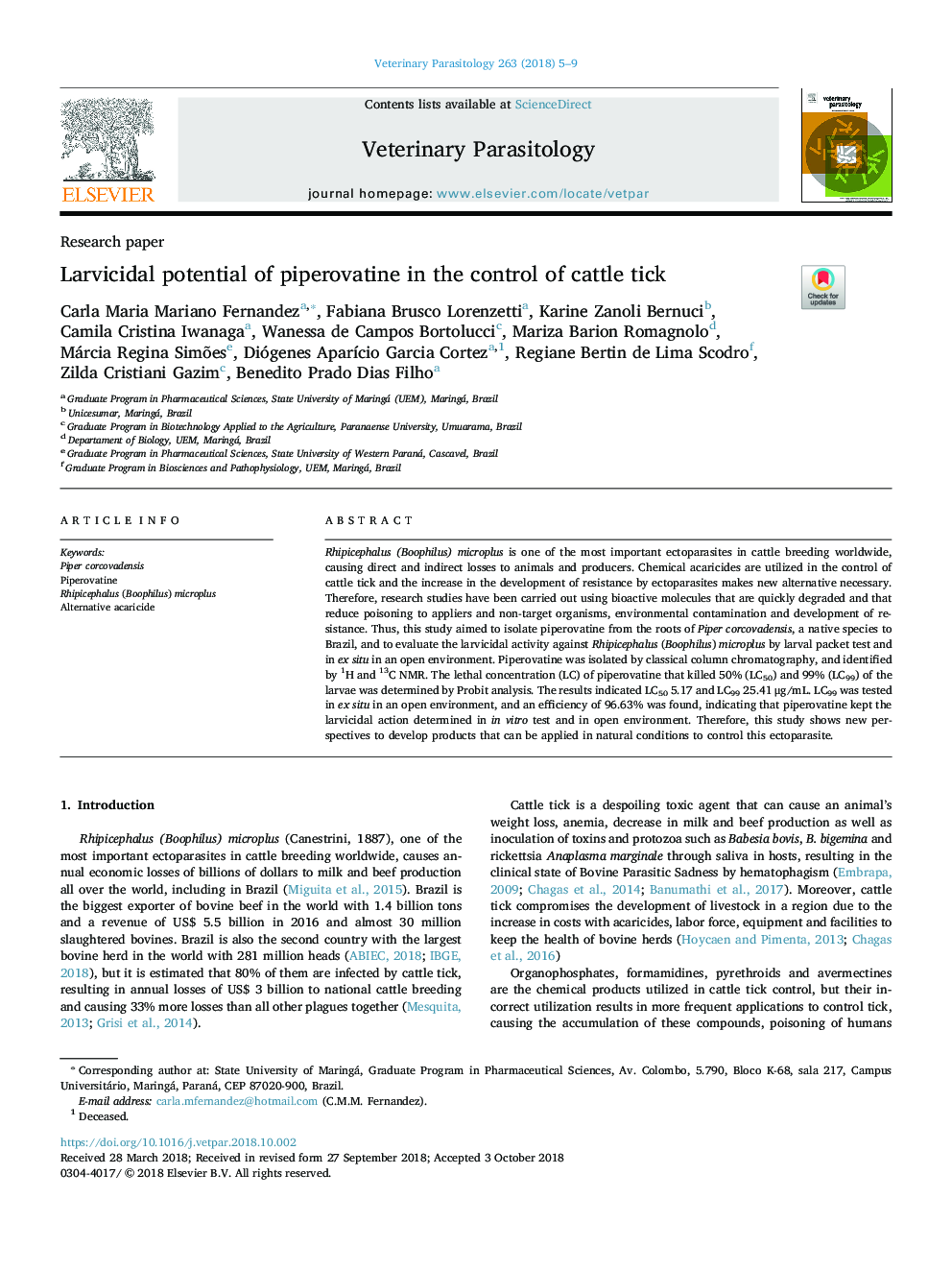 Larvicidal potential of piperovatine in the control of cattle tick