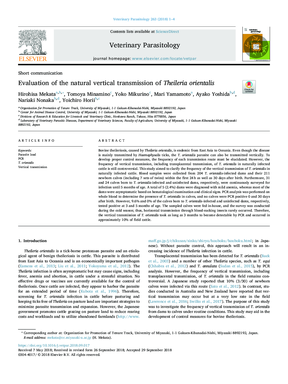 Evaluation of the natural vertical transmission of Theileria orientalis