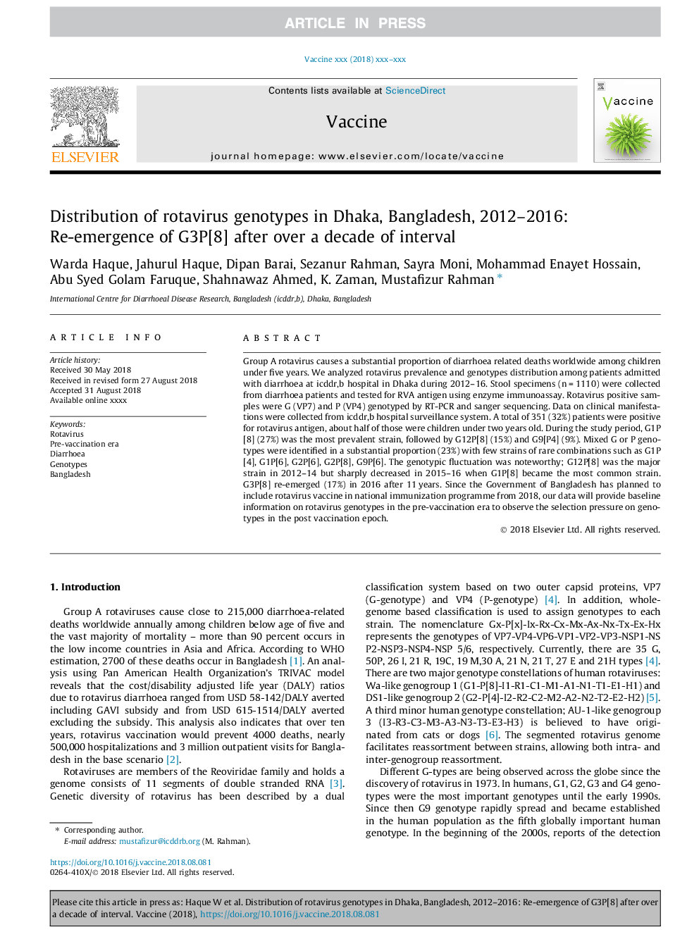 Distribution of rotavirus genotypes in Dhaka, Bangladesh, 2012-2016: Re-emergence of G3P[8] after over a decade of interval